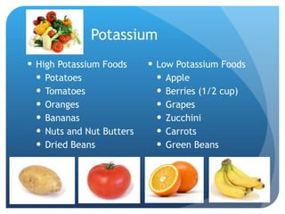 Potassium High Potassium Foods Potatoes Tomatoes Oranges Bananas Nuts and Nut Butters Dried Beans Low Potassium Foods Apple Berries (1/2 cup) Grapes Zucchini Carrots Green Beans 