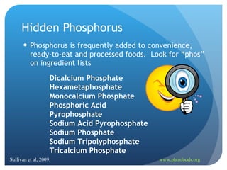 Hidden Phosphorus Phosphorus is frequently added to convenience, ready-to-eat and processed foods.  Look for “phos” on ingredient lists Dicalcium Phosphate Hexametaphosphate Monocalcium Phosphate Phosphoric Acid Pyrophosphate Sodium Acid Pyrophosphate Sodium Phosphate Sodium Tripolyphosphate Tricalcium Phosphate Sullivan et al, 2009. www.phosfoods.org 