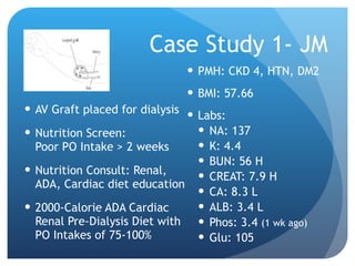 Case Study 1- JM AV Graft placed for dialysis Nutrition Screen:  Poor PO Intake > 2 weeks Nutrition Consult: Renal, ADA, Cardiac diet education 2000-Calorie ADA Cardiac Renal Pre-Dialysis Diet with PO Intakes of 75-100% PMH: CKD 4, HTN, DM2 BMI: 57.66 Labs:  NA: 137 K: 4.4 BUN: 56 H CREAT: 7.9 H CA: 8.3 L ALB: 3.4 L Phos: 3.4  (1 wk ago) Glu: 105 