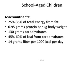 School-Aged Children
Macronutrients:
• 25%-35% of total energy from fat
• 0.95 grams protein per kg body weight
• 130 gram...