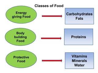 Energy
giving Food
Carbohydrates
Fats
Body
building
Food
Proteins
Protective
Food
Vitamins
Minerals
Water
Classes of Food
 