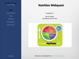 Student Page
 [Teacher Page]
                      Nutrition Webquest
     Title
 Introduction                    Designed by
     Task                       Nicole Pappas
   Process                  nlp19@zips.uakron.edu

  Evaluation
  Conclusion




    Credits       Based on a template from The WebQuest Page
 