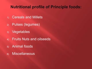 1) Cereals and Millets
2) Pulses (legumes)
3) Vegetables
4) Fruits Nuts and oilseeds
5) Animal foods
6) Miscellaneous
 