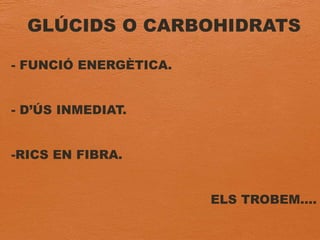 GLÚCIDS O CARBOHIDRATS
- FUNCIÓ ENERGÈTICA.
- D’ÚS INMEDIAT.
-RICS EN FIBRA.
ELS TROBEM….
 