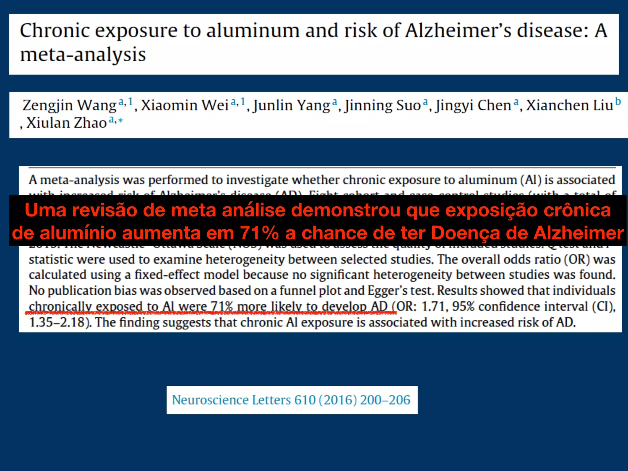 Uma revisão de meta análise demonstrou que exposição crônica
de alumínio aumenta em 71% a chance de ter Doença de Alzheimer
 
