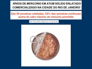 Das 39 amostras coletadas, 53% das amostras continuam
acima do valor máximo de mercúrio permitido
 