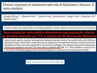 Uma revisão de meta análise demonstrou que exposição crônica
de alumínio aumenta em 71% a chance de ter Doença de Alzheimer
 