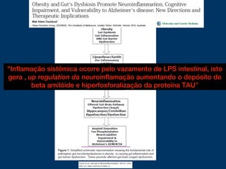"Inflamação sistêmica ocorre pelo vazamento de LPS intestinal, isto
gera , up regulation da neuroinflamação aumentando o depósito de
beta amilóide e hiperfosforalização da proteína TAU”
 