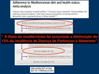 “ A Dieta do mediterrâneo foi associado a diminuição de
13% da incidência de Doença de Parkinson e Alzheimer”
 
