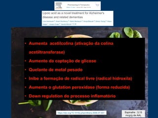 • Aumenta acetilcolina (ativação da colina
acetiltransferase)
• Aumento da captação de glicose
• Quelante de metal pesado
• Inibe a formação de radical livre (radical hidroxila)
• Aumenta o glutation peroxidase (forma reduzida)
• Down regulation do processo inflamatório
Espinafre : 3,15
mcg/g de AAL
 