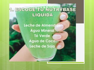 Leche de Almendras
Agua Mineral
Té Verde
Agua de Coco
Leche de Soja

 