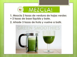 1. Mezcla 2 tazas de verdura de hojas verdes
+ 2 tazas de base líquida y bate.
2. Añade 3 tazas de fruta y vuelve a batir.

 