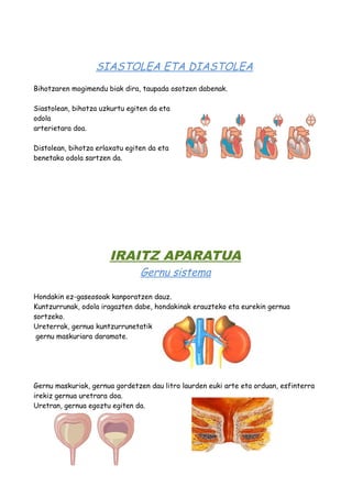SIASTOLEA ETA DIASTOLEA 
Bihotzaren mogimendu biak dira, taupada osotzen dabenak. 
Siastolean, bihotza uzkurtu egiten da eta 
odola 
arterietara doa. 
Distolean, bihotza erlaxatu egiten da eta 
benetako odola sartzen da. 
IRAITZ APARATUA 
Gernu sistema 
Hondakin ez-gaseosoak kanporatzen dauz. 
Kuntzurrunak, odola iragazten dabe, hondakinak erauzteko eta eurekin gernua 
sortzeko. 
Ureterrak, gernua kuntzurrunetatik 
gernu maskuriara daramate. 
Gernu maskuriak, gernua gordetzen dau litro laurden euki arte eta orduan, esfinterra 
irekiz gernua uretrara doa. 
Uretran, gernua egoztu egiten da. 
 