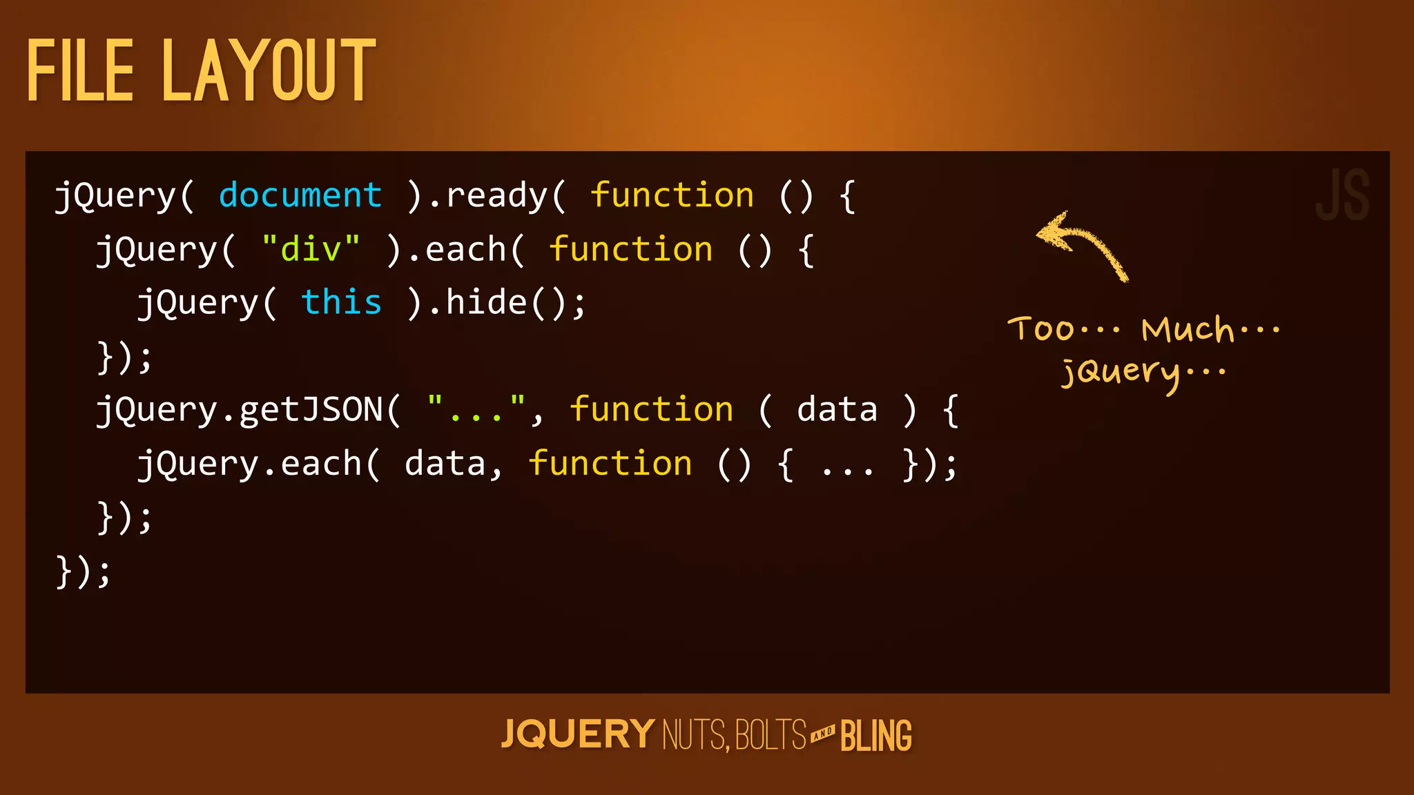 File layout
jQuery(	
  document	
  ).ready(	
  function	
  ()	
  {                                                     JS
	
  	
  jQuery(	
  div	
  ).each(	
  function	
  ()	
  {
	
  	
  	
  	
  jQuery(	
  this	
  ).hide();
	
  	
  });
                                                                             Too…⋯Much…⋯
                                                                               jQuery…⋯
	
  	
  jQuery.getJSON(	
  ...,	
  function	
  (	
  data	
  )	
  {
	
  	
  	
  	
  jQuery.each(	
  data,	
  function	
  ()	
  {	
  ...	
  });
	
  	
  });
});



                                                                D
                                                             AN
 