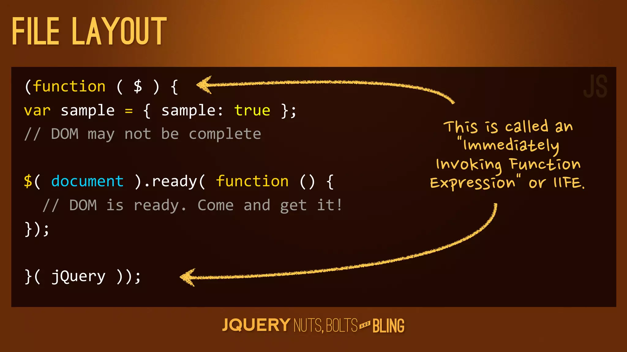 File layout
(function	
  (	
  $	
  )	
  {                                                                                         JS
var	
  sample	
  =	
  {	
  sample:	
  true	
  };
//	
  DOM	
  may	
  not	
  be	
  complete                                 Thisiscalledan
                                                                            Immediately
                                                                         InvokingFunction
$(	
  document	
  ).ready(	
  function	
  ()	
  {                       ExpressionorIIFE.
	
  	
  //	
  DOM	
  is	
  ready.	
  Come	
  and	
  get	
  it!
});

}(	
  jQuery	
  ));

                                                                    D
                                                                 AN
 