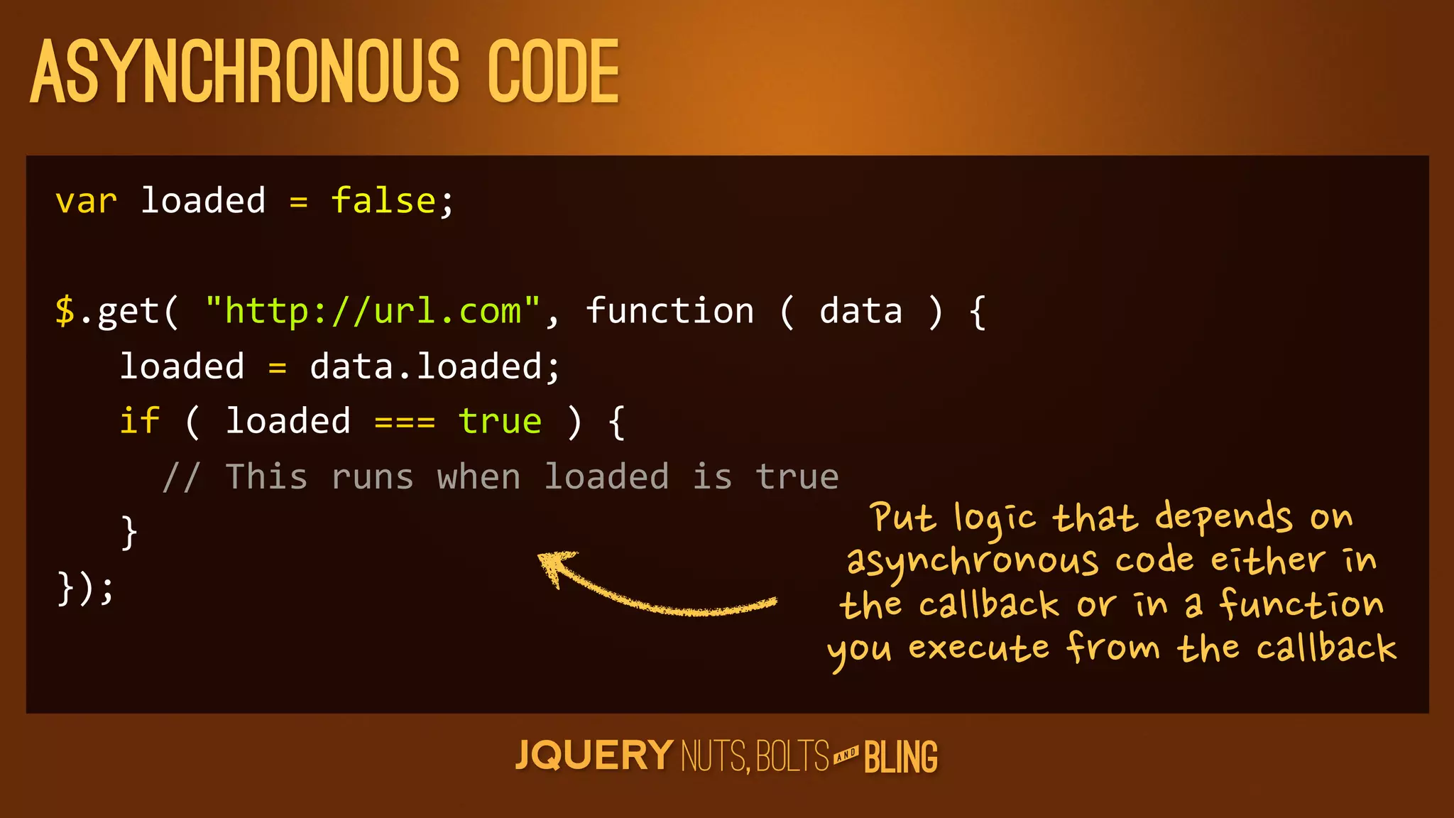 Asynchronous code
var	
  loaded	
  =	
  false;

$.get(	
  http://url.com,	
  function	
  (	
  data	
  )	
  {
	
  	
  	
  loaded	
  =	
  data.loaded;
	
  	
  	
  if	
  (	
  loaded	
  ===	
  true	
  )	
  {
	
  	
  	
  	
  	
  //	
  This	
  runs	
  when	
  loaded	
  is	
  true
	
  	
  	
  }                                                           Putlogicthatdependson
});                                                                    asynchronouscodeeitherin
                                                                             thecallbackorinafunction
                                                                            youexecutefromthecallback
                                                                                D
                                                                             AN
 