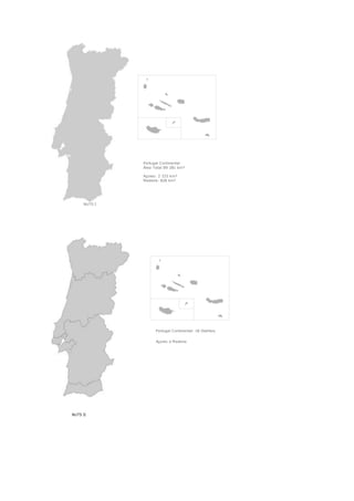 Portugal Continental: 18 Distritos
Açores e Madeira
NUTS II
Portugal Continental
Área Total:89 281 km²
Açores: 2 333 km²
Madeira: 828 km²
NUTS I
 