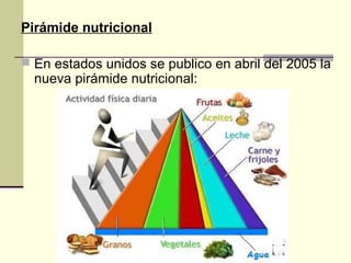 Pirámide nutricional

 En estados unidos se publico en abril del 2005 la
  nueva pirámide nutricional:
 