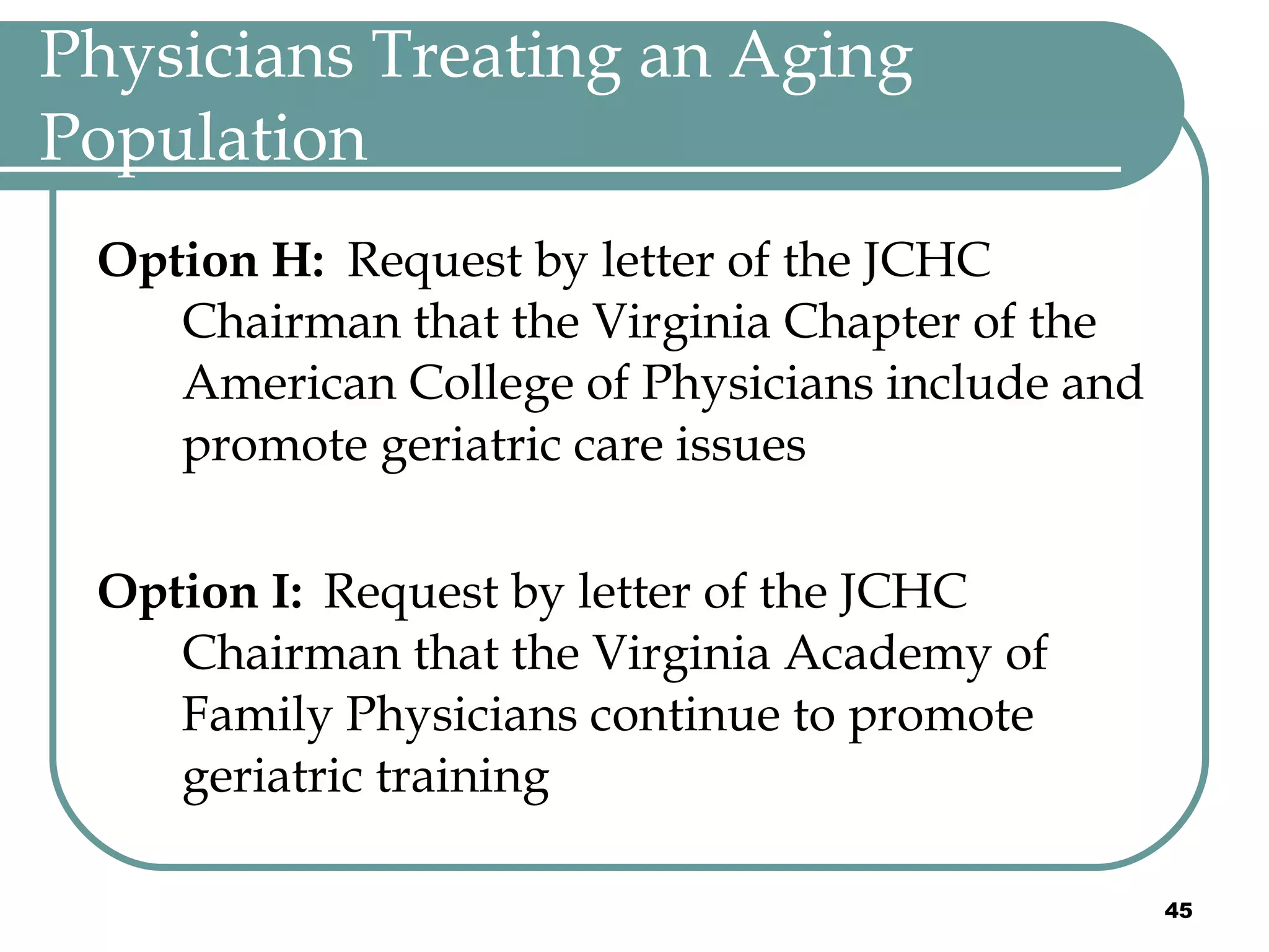 Physicians Treating an Aging Population Option H:  Request by letter of the JCHC Chairman that the Virginia Chapter of the American College of Physicians include and promote geriatric care issues Option I:   Request by letter of the JCHC Chairman that the Virginia Academy of Family Physicians continue to promote geriatric training 
