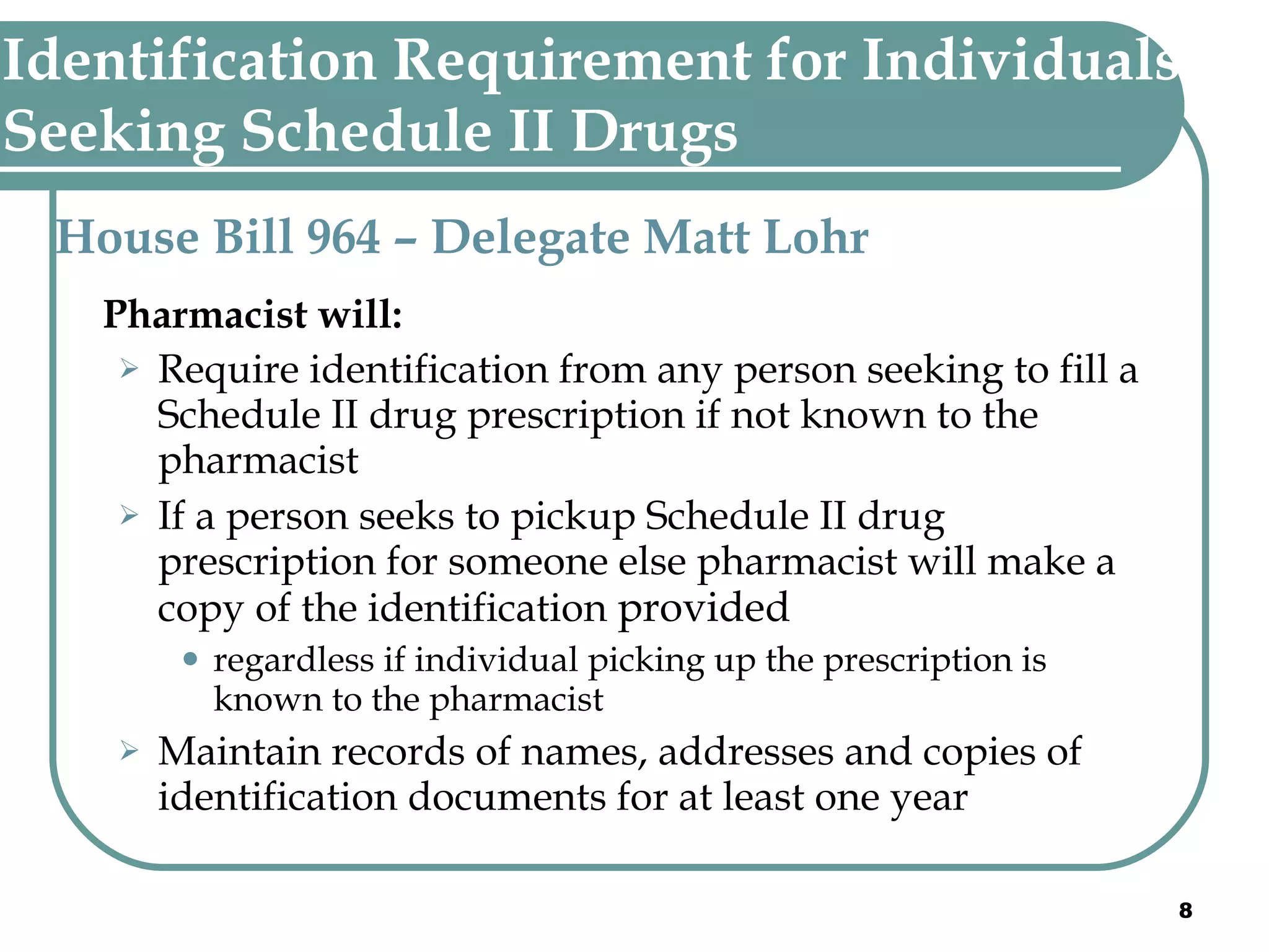 Identification Requirement for Individuals Seeking Schedule II Drugs House Bill 964 – Delegate Matt Lohr   Pharmacist will: Require identification from any person seeking to fill a Schedule II drug prescription if not known to the pharmacist If a person seeks to pickup Schedule II drug prescription for someone else pharmacist will make a copy of the identification  provided  regardless if individual picking up the prescription is known to the pharmacist  Maintain records of names, addresses and copies of identification documents for at least one year 