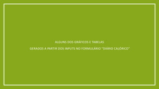 ALGUNS DOS GRÁFICOS E TABELAS
GERADOS A PARTIR DOS INPUTS NO FORMULÁRIO “DIÁRIO CALÓRICO”
 