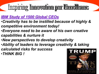 Institute of Global Management
IBM Study of 1500 Global CEOs
•Creativity has to be instilled because of highly &
competitive environment today!
•Everyone need to be aware of his own creative
capabilities & nurture it
•New perspectives to develop creativity
•Ability of leaders to leverage creativity & taking
calculated risks for success
•THINK BIG !
 