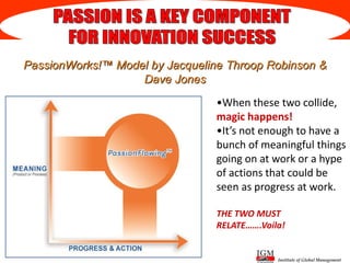 Institute of Global Management
PassionWorks!™ Model by Jacqueline Throop Robinson &
Dave Jones
•When these two collide,
magic happens!
•It’s not enough to have a
bunch of meaningful things
going on at work or a hype
of actions that could be
seen as progress at work.
THE TWO MUST
RELATE…….Voila!
 