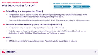 17
Entwicklung von Komponenten (Typen):
Komponenten müssen bereits während der Entwicklung hinreichend genau dokumentiert werden, damit
sich diese Komponenten in das nächste höhere System integrieren lassen.
Mechatronik: Domänenübergreifende Zusammenarbeit für die Entwicklung von Industrie 4.0 Komponenten.
Produktion und Verwendung von Komponenten (Instanzen):
Komponenten müssen sich eindeutig identifizieren lassen (Serialnummer).
Veränderungen an Maschinen/Anlagen müssen dokumentiert werden (As Maintained Struktur), um ein
eindeutiges virtuelles Abbild der Maschine/Anlage zur Verfügung zu haben.
Fazit:
PLM ist eine wesentliche Voraussetzung, um die Potentiale von IoT ausschöpfen zu können.
Was bedeutet dies für PLM?
NUTZEN VON IOT - EINORDNUNG DES THEMAS IM KONTEXT VON PLM
 