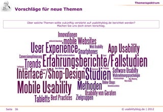 Themenspektrum

     Vorschläge für neue Themen


           Über welche Themen sollte zukünftig verstärkt auf usabilityblog.de berichtet werden?
                                Machen Sie uns doch einen Vorschlag.




Seite 36                                                                            © usabilityblog.de | 2012
 