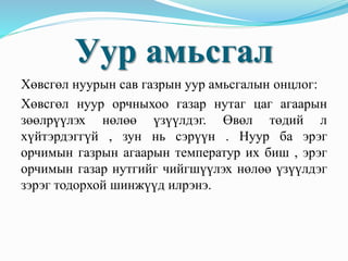Уур амьсгал
Хөвсгөл нуурын сав газрын уур амьсгалын онцлог:
Хөвсгөл нуур орчныхоо газар нутаг цаг агаарын
зөөлрүүлэх нөлөө үзүүлдэг. Өвөл төдий л
хүйтэрдэггүй , зун нь сэрүүн . Нуур ба эрэг
орчимын газрын агаарын температур их биш , эрэг
орчимын газар нутгийг чийгшүүлэх нөлөө үзүүлдэг
зэрэг тодорхой шинжүүд илрэнэ.
 