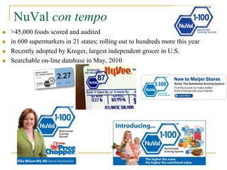 NuVal con tempo
   >45,000 foods scored and audited
   in 600 supermarkets in 21 states; rolling out to hundreds more this year
   Recently adopted by Kroger, largest independent grocer in U.S.
   Searchable on-line database in May, 2010
 