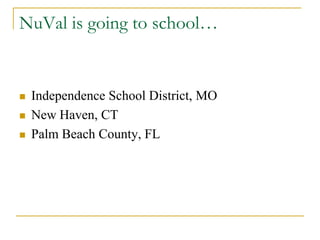 NuVal is going to school…


   Independence School District, MO
   New Haven, CT
   Palm Beach County, FL
 