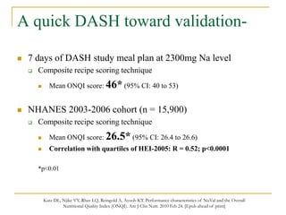 A quick DASH toward validation-

   7 days of DASH study meal plan at 2300mg Na level
       Composite recipe scoring technique
             Mean ONQI score: 46* (95% CI: 40 to 53)


   NHANES 2003-2006 cohort (n = 15,900)
       Composite recipe scoring technique
             Mean ONQI score: 26.5* (95% CI: 26.4 to 26.6)
             Correlation with quartiles of HEI-2005: R = 0.52; p<0.0001

        *p<0.01



            Katz DL, Njike VY, Rhee LQ, Reingold A, Ayoob KT. Performance characteristics of NuVal and the Overall
                     Nutritional Quality Index (ONQI). Am J Clin Nutr. 2010 Feb 24. [Epub ahead of print]
 