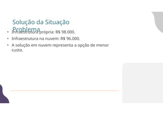 • Infraestrutura própria: R$ 98.000.
• Infraestrutura na nuvem: R$ 96.000.
• A solução em nuvem representa a opção de menor
custo.
Solução da Situação
Problema
 