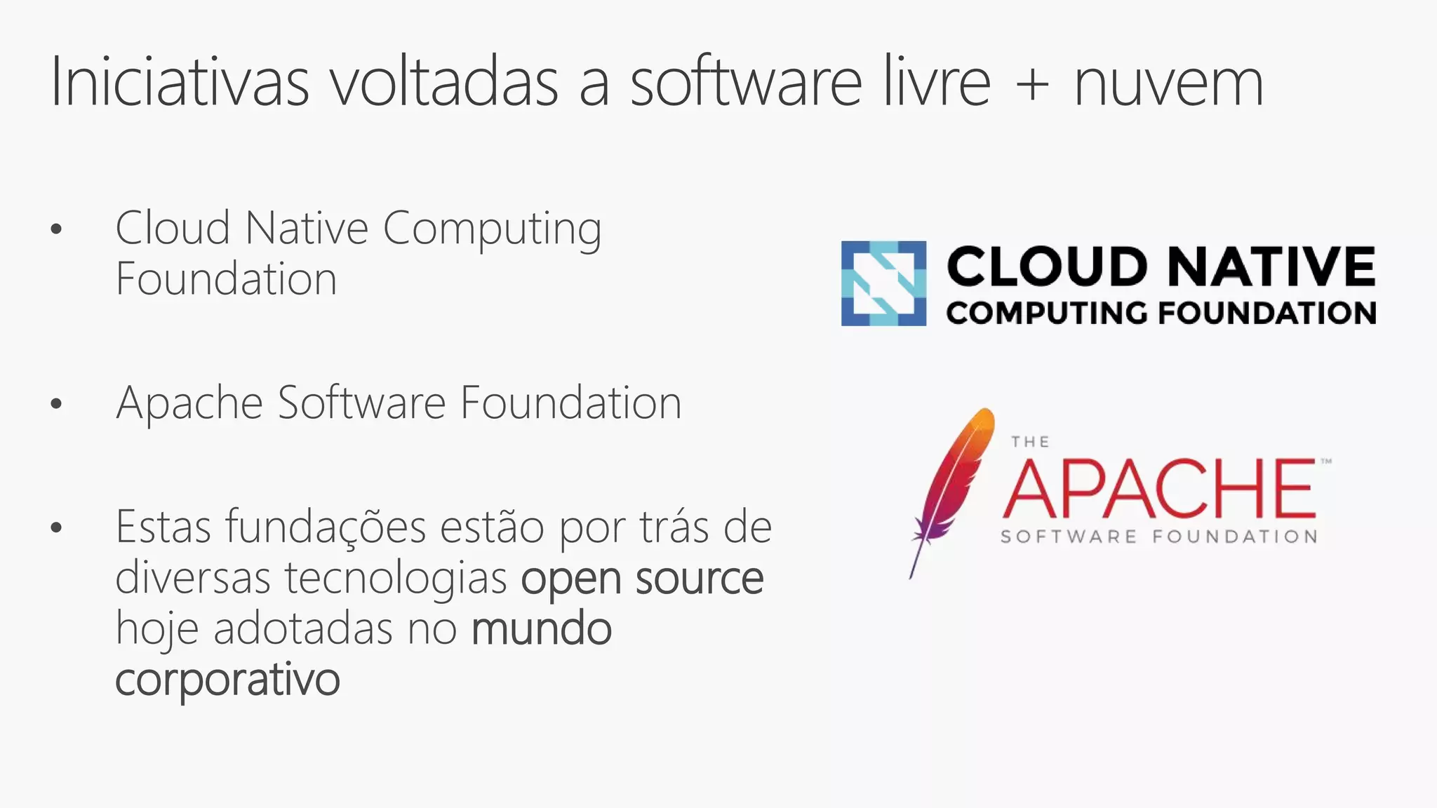 Iniciativas voltadas a software livre + nuvem
• Cloud Native Computing
Foundation
• Apache Software Foundation
• Estas fundações estão por trás de
diversas tecnologias open source
hoje adotadas no mundo
corporativo
 