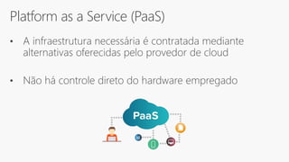 Platform as a Service (PaaS)
• A infraestrutura necessária é contratada mediante
alternativas oferecidas pelo provedor de cloud
• Não há controle direto do hardware empregado
 
