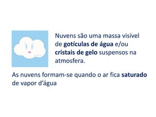 Como as nuvens podem ser classificadas?Nuvens são uma massa visível de gotículas de água e/ou cristais de gelo suspensos na atmosfera.As nuvens formam-se quando o ar fica saturado de vapor d’água 