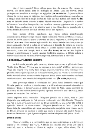 Não é interessante? Deus olhou para fora da nuvem. Ele estava na
nuvem, de onde olhou para os inimigos de Israel. Dali, da nuvem, Deus
protegeu os israelitas e castigou os egípcios (Ex 14.19b-20). O próprio Deus
olhava da nuvem para os egípcios, interferindo sobrenaturalmente para barrar
o ataque iminente do inimigo, deixando claro que Ele lutava por Israel (v. 25).
Para os leitores mais críticos, o texto bíblico sublinha: "Naquele dia o Senhor
salvou Israel das mãos dos egípcios, e os israelitas viram os egípcios mortos na praia"
(v. 30). Todos podiam ver e se admirar com o que Deus fizera, percebendo a
forma maravilhosa com que Ele libertou Israel dos egípcios.
Essa nuvem divina significava que Deus estava manifestando
visivelmente a Sua presença em um lugar específico: "Assim que Moisés entrava, a
coluna de nuvem descia e ficava à entrada da tenda, enquanto o Senhor falava com
Moisés" (Ex 33.9). Deus estava legitimando Seu servo Moisés com Sua presença
impressionante, visível a todos no arraial, com a descida da coluna de nuvem.
Ela simbolizava o encontro entre Deus e Moisés quando falava com ele no
santuário, como um amigo, face a face (Êx 33:11; Dt 34:10). Em inglês é
comum encontrarmos o termo nuvem teofânica quando a Bíblia relata a
manifestação divina em uma nuvem especial, sobrenatural e celestial.
A PRESENÇA FILTRADA DE DEUS
No início da jornada pelo deserto, Moisés queria ver a glória de Deus.
"Então disse Moisés: "Peço-te que me mostres a tua glória": E [Deus] acrescentou:
"Você não poderá ver a minha face, porque ninguém poderá ver-me e continuar vivo:
Quando a minha glória passar, eu o colocarei numa fenda da rocha e o cobrirei com a
minha mão até que eu tenha acabado de passar. Então tirarei a minha mão e você verá
as minhas costas; mas a minha face ninguém poderá ver" (Êx 33:18,20,22-23).
Essa presença velada e escondida de Deus, uma presença como que
filtrada, pode ser melhor entendida com a análise de outros versículos sobre o
assunto: "Então o Senhor falou a vocês do meio do fogo. Vocês ouviram as
palavras, mas não viram forma alguma; apenas se ouvia a voz" (Dt 4:12). Deus
parece se esconder dos homens.
Jesus explicou essa realidade: "Ninguém jamais viu a Deus, mas o Deus
Unigênito, que está junto do Pai, o tornou conhecido" (Jo 1:18). E mais: "Ninguém
viu Pai, a não ser aquele que vem de Deus; somente ele viu o Pai" (Jo 6:46). 0
apóstolo João diz a mesma coisa: "Ninguém jamais viu a Deus..." (Jo 4.12).
Paulo fala da necessidade de uma transformação completa para chegar perto
de Deus: "Irmãos, eu declaro a vocês que carne e sangue não podem herdar o
Reino de Deus nem o que é perecível pode herdar o imperecível" (1Co 15:50).
QUEM É DEUS?
"Deus é espírito, e é necessário que os seus adoradores o adorem em
espíito e em verdade" (Jo 4:24). A Bíblia nos mostra que Deus vivo não é
material, que a substância divina é espírito e que, além disso, Ele é
 