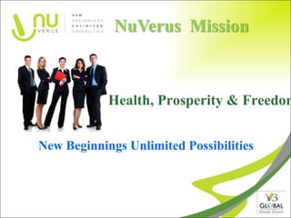 NuVerus Mission



            Health, Prosperity & Freedom


New Beginnings Unlimited Possibilities
 