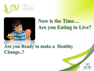 Now is the Time…
               Are you Eating to Live?


Are you Ready to make a Healthy
Change..?
 