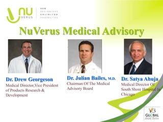 NuVerus Medical Advisory
               Board


Dr. Drew Georgeson                Dr. Julian Bailes, M.D.   Dr. Satya Ahuja
Medical Director,Vice President   Chairman Of The Medical   Medical Director Of
of Products Research &            Advisory Board            South Shore Hospital In
Development                                                 Chicago
 