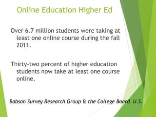 Online Education Higher Ed
Over 6.7 million students were taking at
least one online course during the fall
2011.
Thirty-two percent of higher education
students now take at least one course
online.
Babson Survey Research Group & the College Board U.S.
 