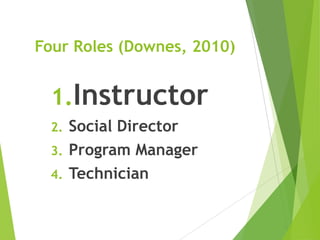 Four Roles (Downes, 2010)
1.Instructor
2. Social Director
3. Program Manager
4. Technician
 