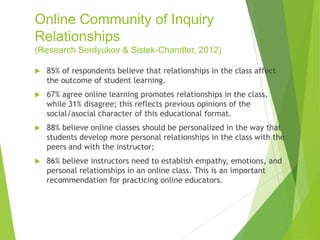 Online Community of Inquiry
Relationships
(Research Serdyukov & Sistek-Chandler, 2012)
 85% of respondents believe that relationships in the class affect
the outcome of student learning.
 67% agree online learning promotes relationships in the class,
while 31% disagree; this reflects previous opinions of the
social/asocial character of this educational format.
 88% believe online classes should be personalized in the way that
students develop more personal relationships in the class with the
peers and with the instructor;
 86% believe instructors need to establish empathy, emotions, and
personal relationships in an online class. This is an important
recommendation for practicing online educators.
 