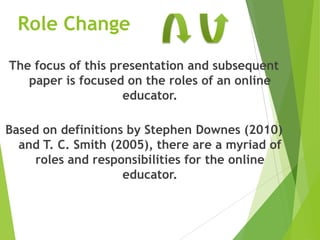 Role Change
The focus of this presentation and subsequent
paper is focused on the roles of an online
educator.
Based on definitions by Stephen Downes (2010)
and T. C. Smith (2005), there are a myriad of
roles and responsibilities for the online
educator.
 