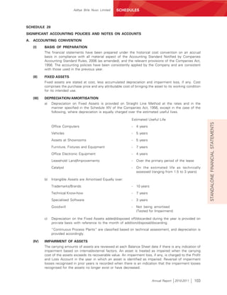 Aditya Birla Nuvo Limited    SCHEDULES



SCHEDULE 20
SIGNIFICANT ACCOUNTING POLICIES AND NOTES ON ACCOUNTS
A.   ACCOUNTING CONVENTION
     (I)     BASIS OF PREPARATION
             The financial statements have been prepared under the historical cost convention on an accrual
             basis in compliance with all material aspect of the Accounting Standard Notified by Companies
             Accounting Standard Rules, 2006 (as amended), and the relevant provisions of the Companies Act,
             1956. The accounting policies have been consistently applied by the Company and are consistent
             with those used in the previous year.

     (II)    FIXED ASSETS
             Fixed assets are stated at cost, less accumulated depreciation and impairment loss, if any. Cost
             comprises the purchase price and any attributable cost of bringing the asset to its working condition
             for its intended use.

     (III)   DEPRECIATION/AMORTISATION
             a)   Depreciation on Fixed Assets is provided on Straight Line Method at the rates and in the
                  manner specified in the Schedule XIV of the Companies Act, 1956, except in the case of the
                  following, where depreciation is equally charged over the estimated useful lives.

                                                                      Estimated Useful Life




                                                                                                                       STANDALONE FINANCIAL STATEMENTS
                  Office Computers                                    -   4 years

                  Vehicles                                            -   5 years

                  Assets at Showrooms                                 -   5 years

                  Furniture, Fixtures and Equipment                  -    7 years

                  Office Electronic Equipment                        -    4 years

                  Leasehold Land/Improvements                         -   Over the primary period of the lease

                  Catalyst                                            -   On the estimated life as technically
                                                                          assessed (ranging from 1.5 to 3 years)

             b)   Intangible Assets are Amortised Equally over:

                  Trademarks/Brands                                   -   10 years

                  Technical Know-how                                  -   7 years

                  Specialised Software                               -    3 years

                  Goodwill                                           -    Not being amortised
                                                                          (Tested for Impairment)

             c)   Depreciation on the Fixed Assets added/disposed off/discarded during the year is provided on
                  pro-rata basis with reference to the month of addition/disposal/discarding.
                  “Continuous Process Plants” are classified based on technical assessment, and depreciation is
                  provided accordingly.

     (IV)    IMPAIRMENT OF ASSETS
             The carrying amounts of assets are reviewed at each Balance Sheet date if there is any indication of
             impairment based on internal/external factors. An asset is treated as impaired when the carrying
             cost of the assets exceeds its recoverable value. An impairment loss, if any, is charged to the Profit
             and Loss Account in the year in which an asset is identified as impaired. Reversal of impairment
             losses recognised in prior years is recorded when there is an indication that the impairment losses
             recognised for the assets no longer exist or have decreased.


                                                                                     Annual Report   2010-2011   103
 