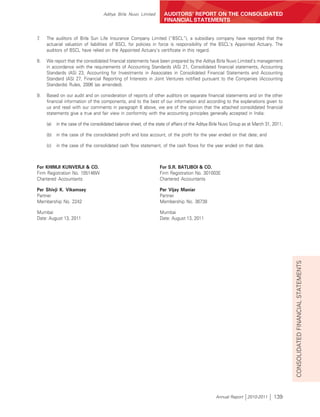 Aditya Birla Nuvo Limited        AUDITORS’ REPORT ON THE CONSOLIDATED
                                                                     FINANCIAL STATEMENTS


7.   The auditors of Birla Sun Life Insurance Company Limited (“BSCL”), a subsidiary company have reported that the
     actuarial valuation of liabilities of BSCL for policies in force is responsibility of the BSCL’s Appointed Actuary. The
     auditors of BSCL have relied on the Appointed Actuary’s certificate in this regard.

8.   We report that the consolidated financial statements have been prepared by the Aditya Birla Nuvo Limited’s management
     in accordance with the requirements of Accounting Standards (AS) 21, Consolidated financial statements, Accounting
     Standards (AS) 23, Accounting for Investments in Associates in Consolidated Financial Statements and Accounting
     Standard (AS) 27, Financial Reporting of Interests in Joint Ventures notified pursuant to the Companies (Accounting
     Standards) Rules, 2006 (as amended).

9.   Based on our audit and on consideration of reports of other auditors on separate financial statements and on the other
     financial information of the components, and to the best of our information and according to the explanations given to
     us and read with our comments in paragraph 6 above, we are of the opinion that the attached consolidated financial
     statements give a true and fair view in conformity with the accounting principles generally accepted in India:

     (a)   in the case of the consolidated balance sheet, of the state of affairs of the Aditya Birla Nuvo Group as at March 31, 2011;

     (b) in the case of the consolidated profit and loss account, of the profit for the year ended on that date; and

     (c)   in the case of the consolidated cash flow statement, of the cash flows for the year ended on that date.



For KHIMJI KUNVERJI & CO.                                          For S.R. BATLIBOI & CO.
Firm Registration No. 105146W                                      Firm Registration No. 301003E
Chartered Accountants                                              Chartered Accountants

Per Shivji K. Vikamsey                                             Per Vijay Maniar
Partner                                                            Partner
Membership No. 2242                                                Membership No. 36738

Mumbai                                                             Mumbai
Date: August 13, 2011                                              Date: August 13, 2011




                                                                                                                                         CONSOLIDATED FINANCIAL STATEMENTS




                                                                                                 Annual Report 2010-2011         139
 