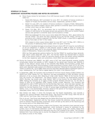 Aditya Birla Nuvo Limited   SCHEDULES



SCHEDULE 22 (Contd.)
SIGNIFICANT ACCOUNTING POLICIES AND NOTES ON ACCOUNTS
            b)   Show Cause notices for termination of six UAS licences issued in 2008, which have not been
                 rolled out;
                 i.     Dated 24th February, 2011 and dated 1st June, 2011, for violation of licence conditions in
                        respect of Punjab and Karnataka service areas, respectively, granted to IDEA.
                 ii.    Dated 1st June, 2011, for violation of licence conditions in respect of Delhi, Maharashtra,
                        Haryana and Andhra Pradesh service areas granted to erstwhile Spice Communications
                        Limited, which have not been rolled out.
                 iii.   Dated 11th May, 2011, for termination due to non-fulfillment of rollout obligations in
                        respect of UAS licence for Karnataka service area granted to IDEA and for Andhra Pradesh
                        service area granted to erstwhile Spice Communications Limited.
                        IDEA had challenged the show cause notice dated 24th February, 2011, above before the
                        Hon’ble TDSAT. The same has been disposed off by the Hon’ble TDSAT, terming it as
                        premature with a liberty to approach the Hon’ble TDSAT afresh, in case IDEA is aggrieved
                        by any final orders of DoT in this matter.
                        With respect to show cause notices dated 1st June 2011 and 11th May, 2011, IDEA is in
                        the process of addressing these suitably within the given timelines.
            c)   Demands for liquidated damages amounting to Group’s share of ` 7.01 Crore for non-fulfillment
                 of roll out obligations in respect of UAS licences issued in 2008 to IDEA for Punjab and
                 Karnataka service areas and to the erstwhile Spice Communications Limited for the service
                 areas of Maharashtra, Haryana and Andhra Pradesh.
                 IDEA has filed appropriate petitions before the Hon’ble TDSAT for quashing these demands.
                 Vide interim orders dated 8th June, 2011, the Hon’ble TDSAT has directed IDEA to deposit
                 60% of the amount within a week for securing interest of both the parties without prejudice
                 to the their respective rights and contentions, which IDEA has since complied with.
       viii) During the financial year 2006-07, the WPC wing of DoT had raised demands towards monthly
             compounded interest and penalty on WPC charges for the period upto financial year 2002-03 in
             respect of the telecom service areas of the erstwhile Idea Mobile Communication Limited, BTA
             Cellcom Limited and Spice Communications Limited amounting to Group’s share of ` 21.42 Crore,
             which were deposited under protest and reflected as advances. Following the favourable decision of
             TDSAT on petition No. 123 of 2008, these amounts have been adjusted against subsequent spectrum
             dues. Subsequently, DoT has filed an appeal against this order in the Supreme Court.
       ix) In September, 2005, the Company had purchased 37.18 Crore equity shares of IDEA Cellular Ltd.
           (IDEA) from AT&T Cellular Pvt. Ltd., Mauritius, and paid consideration of US$ 150 Million without
           deduction of tax at source after obtaining an order under Section 195(2) of the Income Tax Act
           from the Income Tax Department. The Deputy Director of Income Tax (International Taxation)




                                                                                                                      CONSOLIDATED FINANCIAL STATEMENTS
           (DDIT), Mumbai, has issued order under Section 163(1) of the Income Tax Act dated March 25,
           2009, treating the Company as an agent of New Cingular Wireless Services Inc. for the sale of
           shares of IDEA by its subsidiary AT&T Cellular Private Limited, Mauritius. The Company had
           challenged the order of DDIT before the Hon’ble Bombay High Court, which has been rejected. The
           Company is in the process of taking appropriate actions including filing Special Leave Petition
           before the Hon’ble Supreme Court. In view of various legal complexities involved, the amount of
           liability, if any, is not ascertainable. However, based on the opinion of Tax Expert, the Company is
           reasonably certain that no tax liability would devolve.
       x)   Idea Cellular Ltd. (Idea), in which the Company has the largest shareholding, was originally a
            tripartite joint venture between Aditya Birla Group, Tata Group and AT&T Group. With the exit of
            AT&T and the Tata Group, Idea is now part of Aditya Birla Group.
            Prior to its exit, Tata Group had alleged that the Aditya Birla Group had committed material breach
            of the Shareholders’ Agreement and the Tata Group invoked the arbitration clause, pursuant to
            which an Arbitral Tribunal has been constituted, which will take up the claims of the Tata Group and
            the counter-claims of the Aditya Birla Group.
            When the Tata Group sold its shares in Idea to the Company, they claimed to have reserved certain
            rights under the Share Purchase Agreement, which contained a clause for arbitration by the
            London Court of International Arbitration (LCIA). The Company along with another Aditya Birla
            Group Company has questioned the reservation and the LCIA is seized of the matter. The Company
            believes that it has a strong case to counter the allegations of breach and it does not contemplate
            any liability to arise on this matter.


                                                                                    Annual Report 2010-2011   161
 