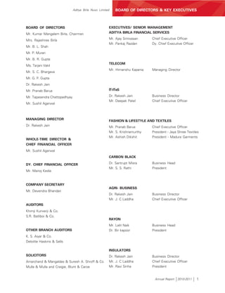 Aditya Birla Nuvo Limited   BOARD OF DIRECTORS & KEY EXECUTIVES



BOARD OF DIRECTORS                                     EXECUTIVES/ SENIOR MANAGEMENT
Mr. Kumar Mangalam Birla, Chairman                     ADITYA BIRLA FINANCIAL SERVICES

Mrs. Rajashree Birla                                   Mr. Ajay Srinivasan    Chief Executive Officer
                                                       Mr. Pankaj Razdan      Dy. Chief Executive Officer
Mr. B. L. Shah
Mr. P. Murari
Mr. B. R. Gupta
                                                       TELECOM
Ms. Tarjani Vakil
                                                       Mr. Himanshu Kapania   Managing Director
Mr. S. C. Bhargava
Mr. G. P. Gupta
Dr. Rakesh Jain
Mr. Pranab Barua                                       IT-ITeS

Mr. Tapasendra Chattopadhyay                           Dr. Rakesh Jain        Business Director
                                                       Mr. Deepak Patel       Chief Executive Officer
Mr. Sushil Agarwal



MANAGING DIRECTOR                                      FASHION & LIFESTYLE AND TEXTILES
Dr. Rakesh Jain                                        Mr. Pranab Barua       Chief Executive Officer
                                                       Mr. S. Krishnamurthy   President - Jaya Shree Textiles
                                                       Mr. Ashish Dikshit     President - Madura Garments
WHOLE-TIME DIRECTOR &
CHIEF FINANCIAL OFFICER
Mr. Sushil Agarwal
                                                       CARBON BLACK

DY. CHIEF FINANCIAL OFFICER                            Dr. Santrupt Misra     Business Head
                                                       Mr. S. S. Rathi        President
Mr. Manoj Kedia



COMPANY SECRETARY
                                                       AGRI- BUSINESS
Mr. Devendra Bhandari
                                                       Dr. Rakesh Jain        Business Director
                                                       Mr. J. C Laddha        Chief Executive Officer
AUDITORS
Khimji Kunverji & Co.
S.R. Batliboi & Co.
                                                       RAYON
                                                       Mr. Lalit Naik         Business Head
OTHER BRANCH AUDITORS                                  Dr. Bir kapoor         President
K. S. Aiyar & Co.
Deloitte Haskins & Sells

                                                       INSULATORS
SOLICITORS                                             Dr. Rakesh Jain        Business Director
Amarchand & Mangaldas & Suresh A. Shroff & Co          Mr. J. C Laddha        Chief Executive Officer
Mulla & Mulla and Craigie, Blunt & Caroe               Mr. Ravi Sinha         President


                                                                               Annual Report   2010-2011    1
 