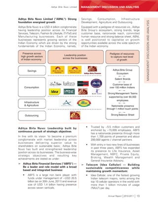 Aditya Birla Nuvo Limited   MANAGEMENT DISCUSSION AND ANALYSIS



Aditya Birla Nuvo Limited ("ABNL"): Strong                Savings,    Consumption,       Infrastructure




                                                                                                                  MANAGEMENT DISCUSSION AND ANALYSIS
foundation energised growth                               Development, Agriculture and Outsourcing.
Aditya Birla Nuvo is a USD 4 billion conglomerate         Equipped with a pedigree of resources viz., Aditya
having leadership position across its Financial           Birla Group's ecosystem, strong brands, large
Services, Telecom, Fashion & Lifestyle, IT-ITeS and       customer base, nationwide reach, committed
Manufacturing businesses. Each of these                   human resource and strong balance sheet, ABNL
businesses represents growing sectors of the              is well positioned to capitalise on growth
Indian Economy which are driven by the strong             opportunities available across the wide spectrum
fundamentals of the Indian Economy, namely,               of the Indian economy.

   Presence across                                                                Pedigree of resources
                                          Leadership position
  high growth sectors                                                              to capture next level
                                         across the businesses
  of Indian economy                                                                     of growth



          Savings                                                                    Aditya Birla Group
                                                                                         Ecosystem

                                                                                       Salient Brands

                                                                                    Customer base of
     Consumption                                                                  over 100 million Indians

                                                                                 Strong Management Teams
                                                                                  supported by over 60,000
                                                                                         employees
     Infrastructure
     & Agriculture                                                                  Nationwide presence
                                                                                through 1 million touch points

        Outsourcing                                                                 Strong Balance Sheet




                                                              •   Trusted by ~5.5 million customers and
Aditya Birla Nuvo: Leadership built by
                                                                  anchored by ~15,000 employees, ABFS
continuous pursuit of strategic objectives
                                                                  has a nationwide presence through more
In line with its vision 'to become a premium                      than 1,700 points of presence and about
conglomerate with market leadership across                        200,000 agents / channel partners.
businesses delivering superior value to
shareholders on sustainable basis', Aditya Birla              •   With entry in two new lines of businesses
                                                                  in past three years, ABFS has expanded
Nuvo has built and strengthened leadership
position across its businesses. The business-wise                 its presence to Life Insurance, Asset
strategic objectives and resulting key                            Management, NBFC, Private Equity,
                                                                  Broking, Wealth Management and
achievements are stated as under:
                                                                  General Insurance Advisory.
➢ Aditya Birla Financial Services ("ABFS") —              ➢ Telecom (Idea Cellular) — Building
  Be a leader and role model with a broad                   sustainable competitiveness while
  based and integrated business:                            maintaining growth momentum:
    •     ABFS is a large non bank player with                •   Idea Cellular, one of the fastest growing
          funds under management of ~USD 20.5                     Indian telecom majors, ranks among the
          billion (as on 30th June, 2011) and revenue             top 10 cellular operators in the world with
          size of USD 1.4 billion having presence                 more than 1 billion minutes of usage
          across seven verticals.                                 ("MoU") per day.

                                                                                 Annual Report 2010-2011     13
 